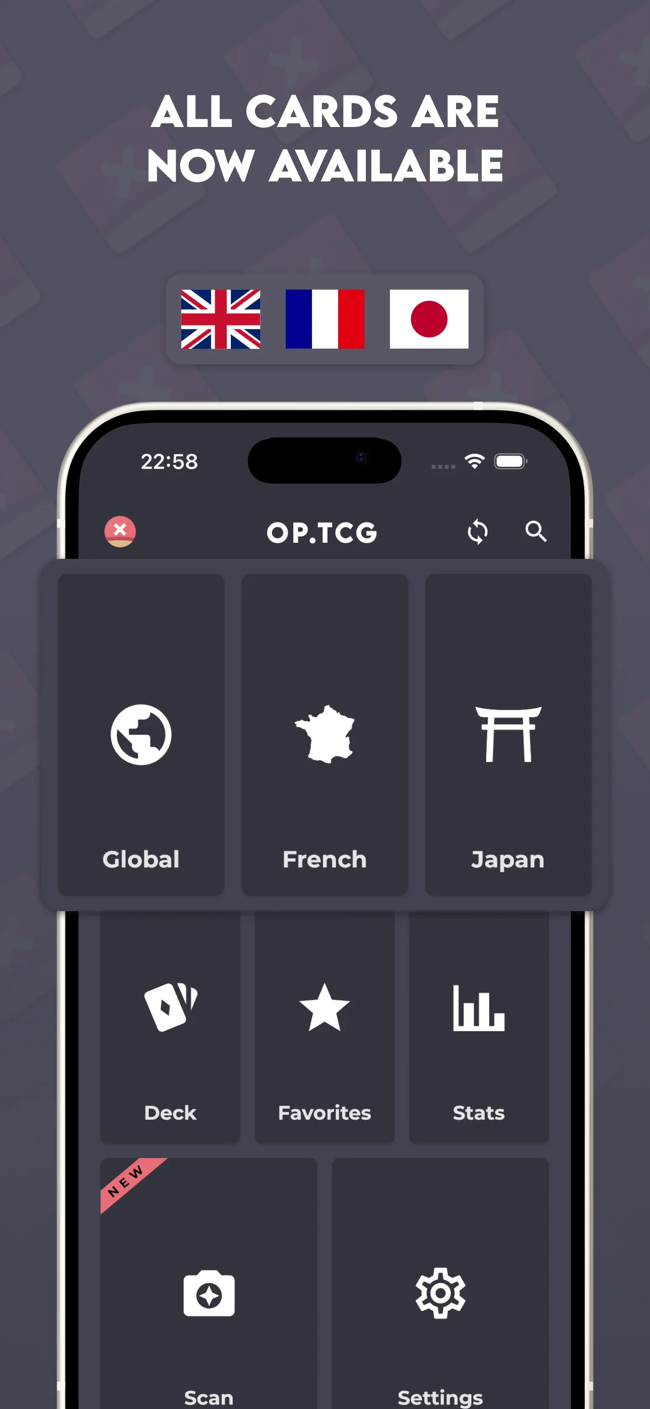 OP.TCG app screen: card list