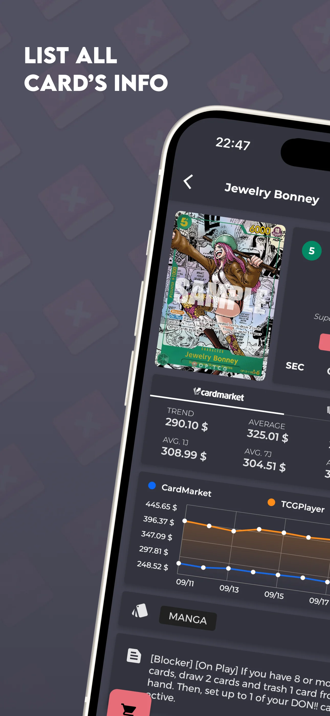 OP.TCG app screen: price history